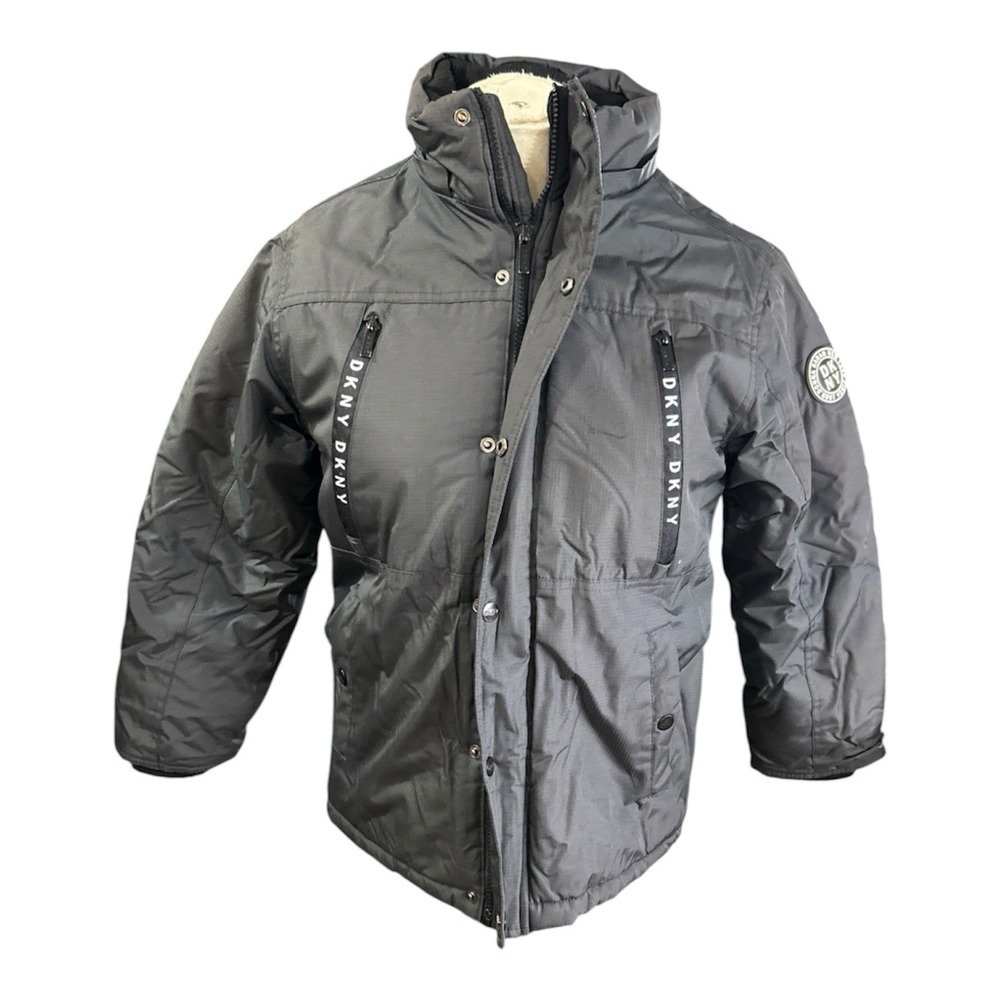 DKNY Boys Grey Winter Jacket Puffer Coat Size 14/16 XL Logo Heavy Outerwear
